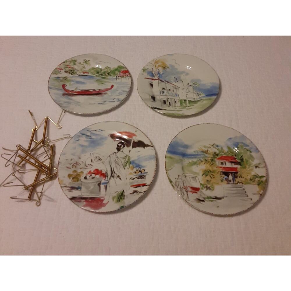 Pier 1 Destination Plates x4 Plus Hangers Travel Decorative Vibrant 7.5x7.5